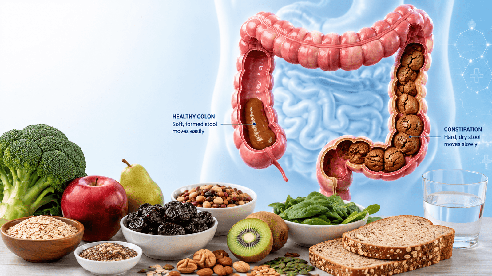 Medical illustration showing constipation in the large intestine with hard stool, healthy colon comparison, and high-fibre foods for digestive health.
