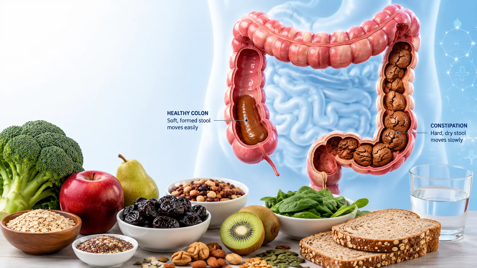Medical illustration showing constipation in the large intestine with hard stool, healthy colon comparison, and high-fibre foods for digestive health.