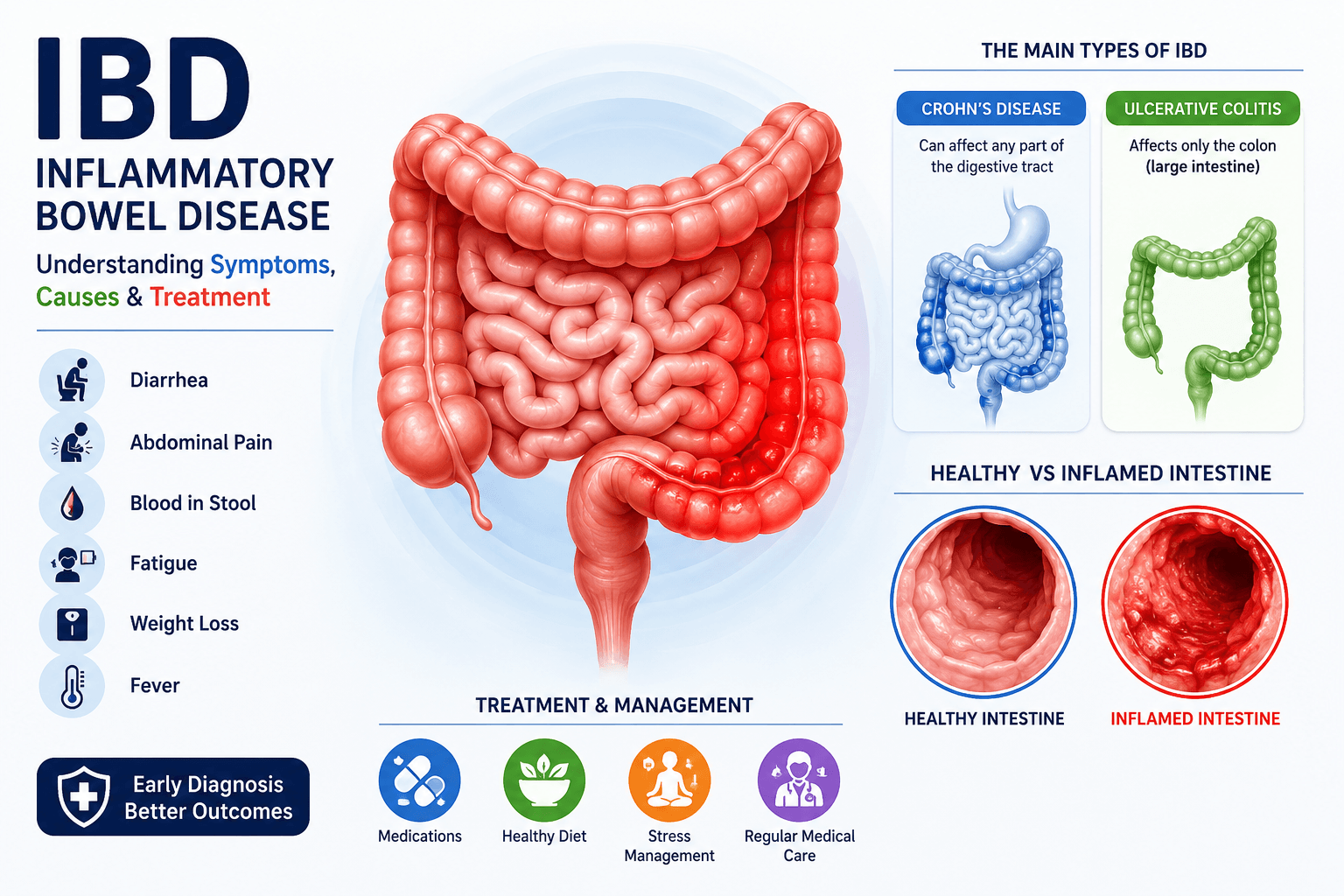 Infographic explaining Inflammatory Bowel Disease (IBD), including symptoms, causes, Crohn's disease, ulcerative colitis, diagnosis, and treatment options.