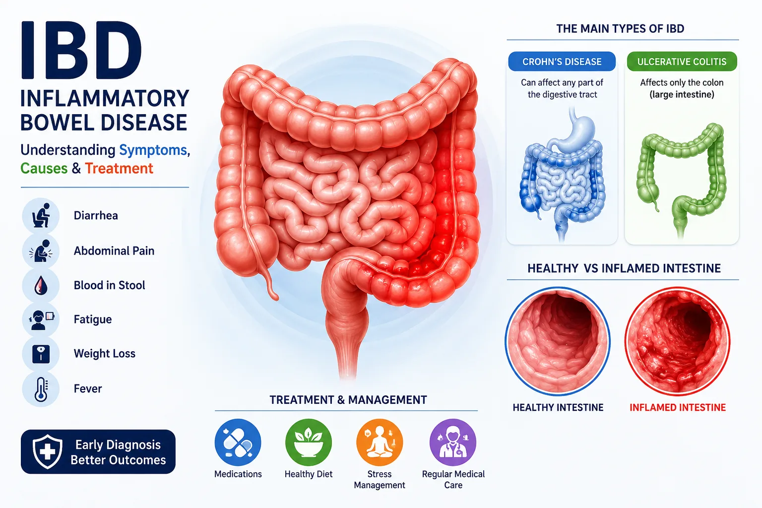 Infographic explaining Inflammatory Bowel Disease (IBD), including symptoms, causes, Crohn's disease, ulcerative colitis, diagnosis, and treatment options.