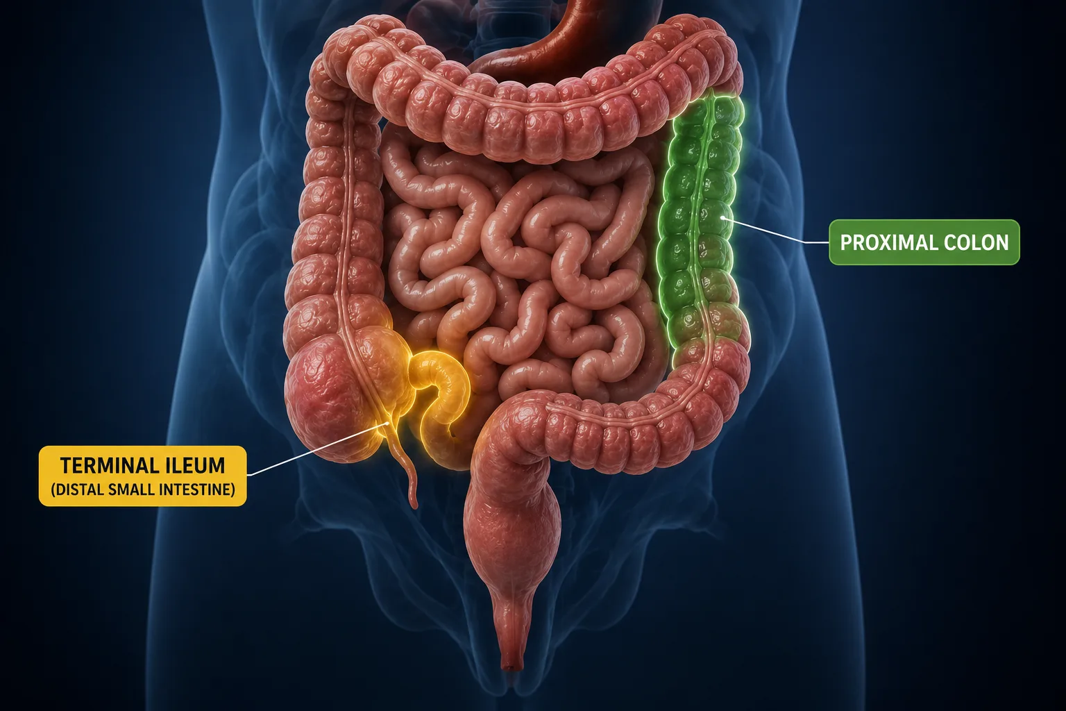 Medical illustration of Crohn’s disease highlighting inflammation in the terminal ileum and proximal colon