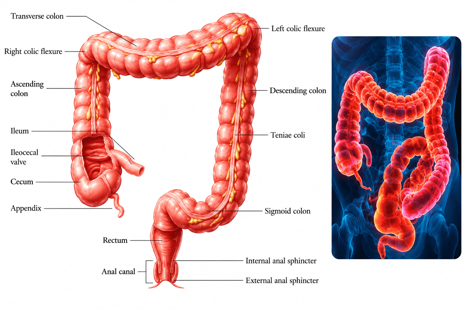 High-resolution labeled diagram of the human colon showing ascending, transverse, descending, and sigmoid colon with rectum and ileocecal valve