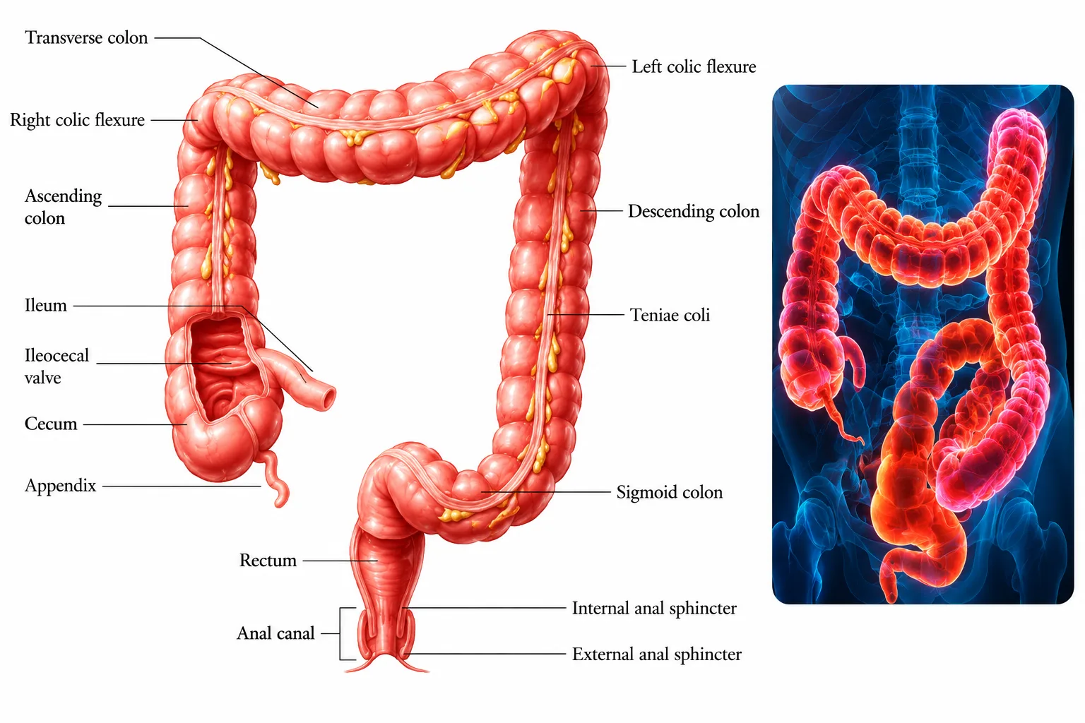 High-resolution labeled diagram of the human colon showing ascending, transverse, descending, and sigmoid colon with rectum and ileocecal valve