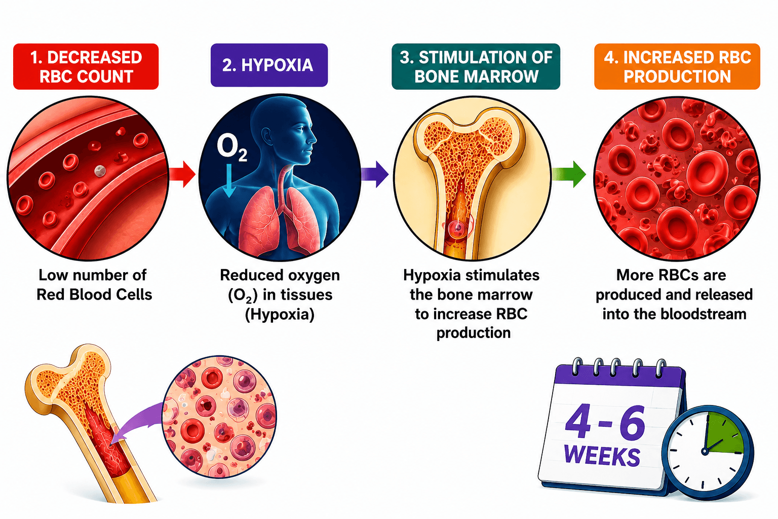 Medical infographic illustrating the body's response to anemia: decreased red blood cell count causes hypoxia, which stimulates the bone marrow to produce more red blood cells, helping restore oxygen delivery within 4–6 weeks.